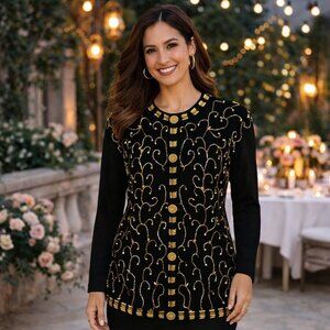 Victoria Harbour Beaded Cardigan Petite M VTG Black Gold Embroidery 90s Sweater